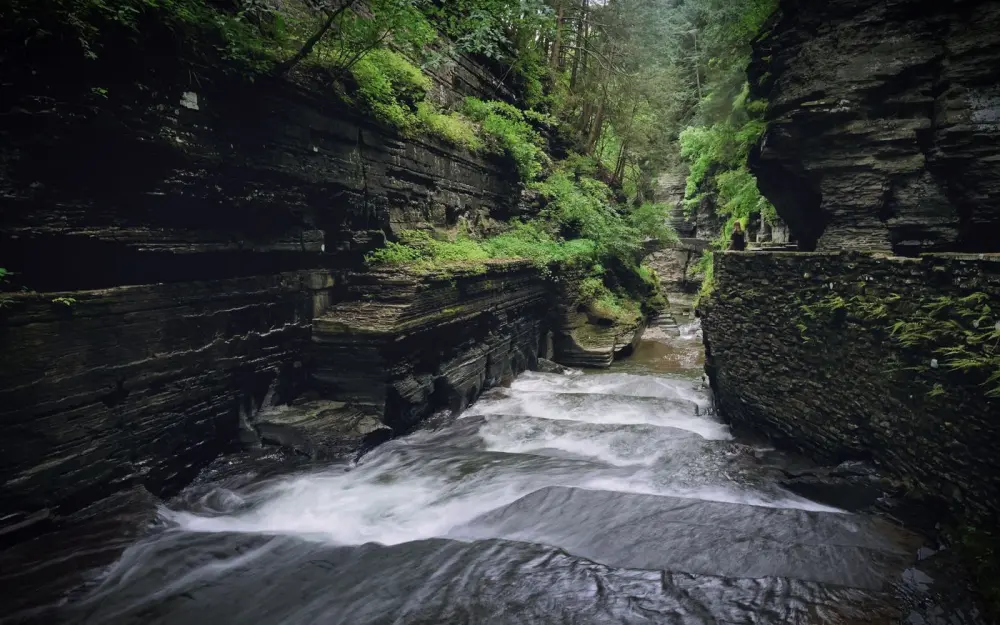 Symbolbild: A picturesque view of a flowing creek winding through a lush green canyon, showcasing nature's rugged beauty.