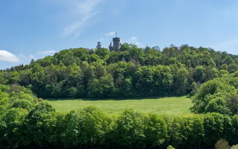 Symbolbild: A scenic view of Meiningen Castle atop a lush green hill under a bright summer sky.