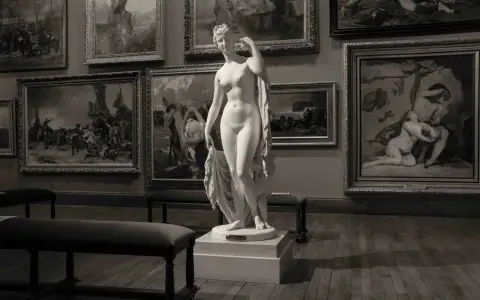 Symbolbild: Grayscale image of a classic sculpture in a French art gallery, emphasizing artistry.
